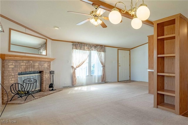 18592 Edwards Rd Unit 1, Doylestown, OH 44230 - unfurnished living room featuring ornamental molding, carpet flooring, a brick fireplace, vaulted ceiling, and a ceiling fan