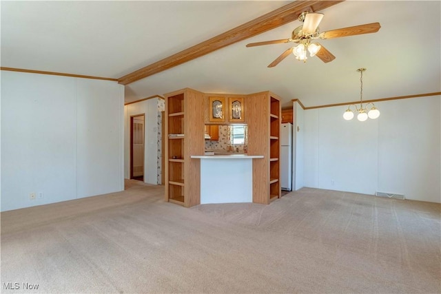 18592 Edwards Rd Unit 1, Doylestown, OH 44230 - unfurnished living room featuring light colored carpet, a ceiling fan, and ornamental molding