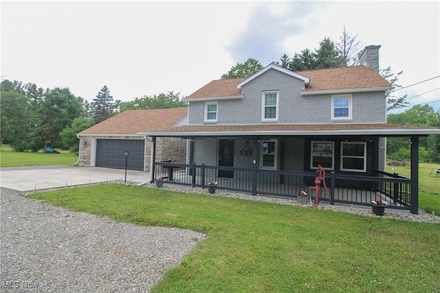 3316 S Canfield Niles Rd, Canfield, OH 44406 - farmhouse with covered porch, concrete driveway, a front yard, a chimney, and a garage