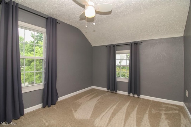 3316 S Canfield Niles Rd, Canfield, OH 44406 - carpeted empty room featuring a textured ceiling, vaulted ceiling, plenty of natural light, and a ceiling fan