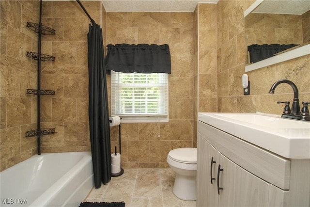 3316 S Canfield Niles Rd, Canfield, OH 44406 - bathroom featuring vanity, shower / tub combo with curtain, and tile walls