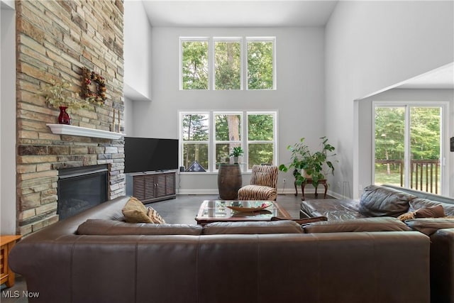 7319 Montella Ave NW, Canal Fulton, OH 44614 - living room featuring a towering ceiling, plenty of natural light, a fireplace, and wood finished floors