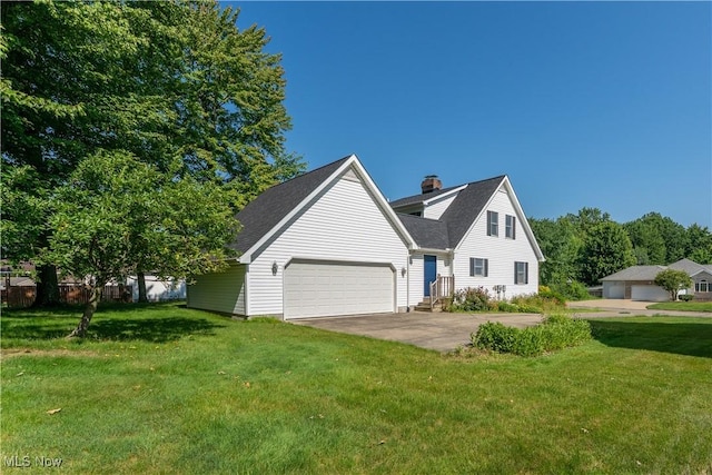 233 Robbies Run, Cortland, OH 44410 - view of front facade with a front yard, a garage, a chimney, and a shingled roof