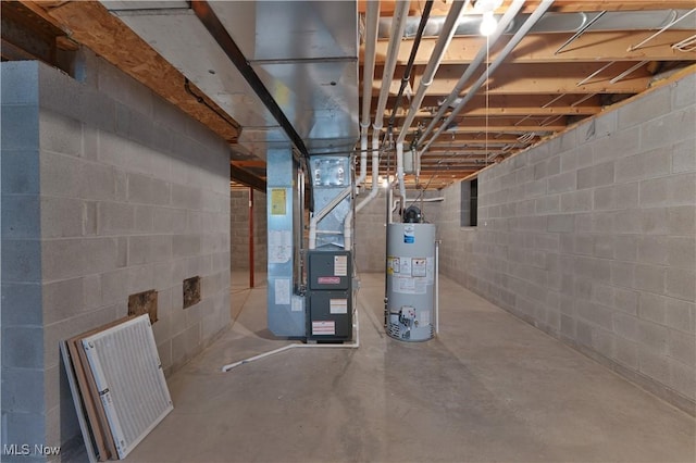 233 Robbies Run, Cortland, OH 44410 - unfinished basement featuring gas water heater, heating unit, and concrete block wall