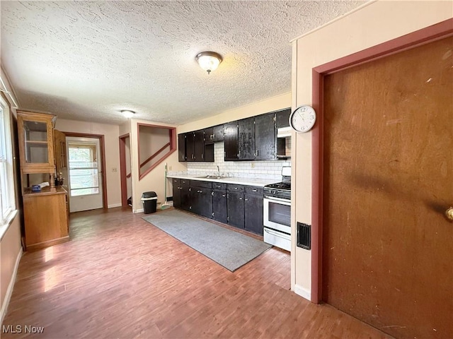5048 Grove Ave, Lorain, OH 44055 - kitchen with stainless steel gas stove, wood finished floors, backsplash, dark cabinets, and a textured ceiling
