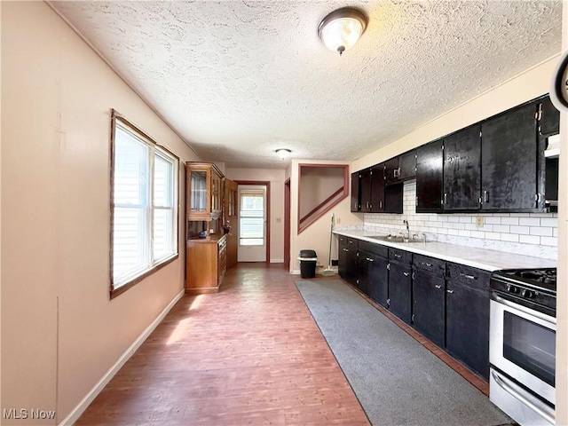 5048 Grove Ave, Lorain, OH 44055 - kitchen featuring stainless steel gas range oven, dark cabinets, tasteful backsplash, light wood-style floors, and light countertops