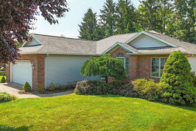 215 Bailey Ct, Doylestown, OH 44230 - ranch-style house featuring brick siding, a front lawn, a garage, and roof with shingles