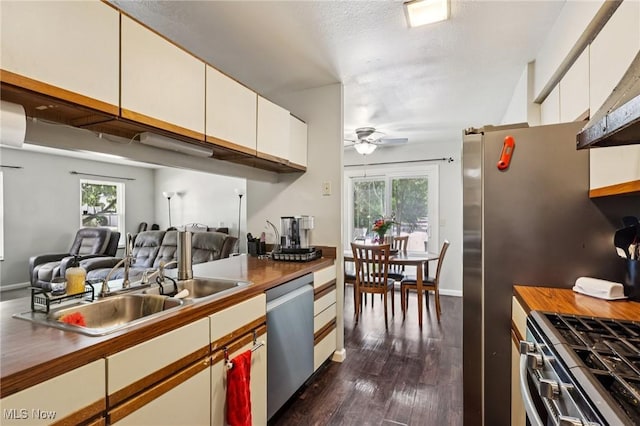 8080 Harbor Crk Unit 503, Mentor On The Lake, OH 44060 - kitchen with stainless steel appliances, a ceiling fan, dark wood-style flooring, and plenty of natural light