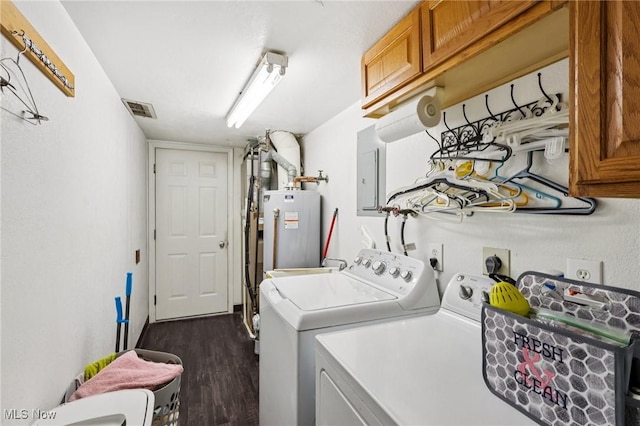 8080 Harbor Crk Unit 503, Mentor On The Lake, OH 44060 - washroom featuring cabinet space, washing machine and dryer, gas water heater, and dark wood-type flooring