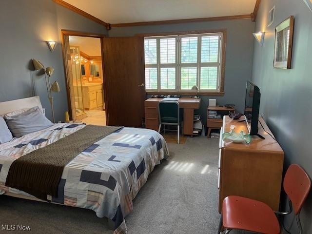 2157 Penguin Ave, Akron, OH 44319 - bedroom with light carpet, ornamental molding, lofted ceiling, and ensuite bathroom