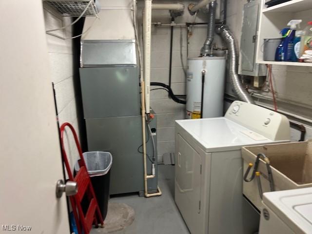 2157 Penguin Ave, Akron, OH 44319 - laundry area with washer and dryer, water heater, concrete block wall, and electric panel