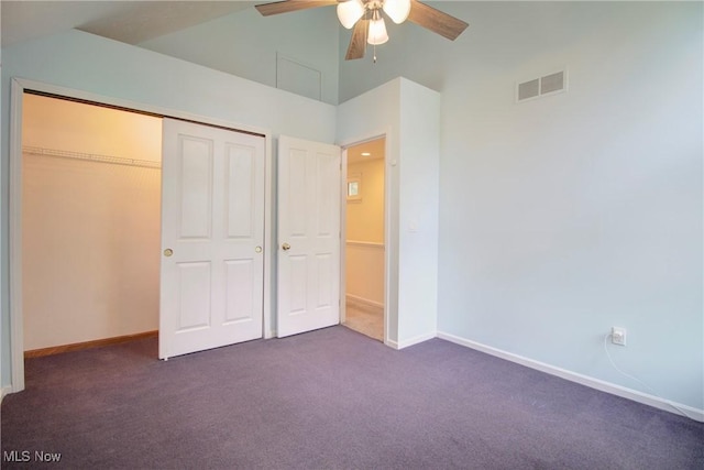 181 Seminary St, Berea, OH 44017 - unfurnished bedroom with dark carpet, a closet, ceiling fan, and high vaulted ceiling