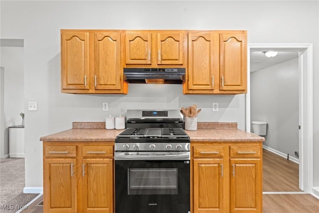 1014 Noble St E, Alliance, OH 44601 - kitchen with gas stove, under cabinet range hood, light countertops, and light wood finished floors