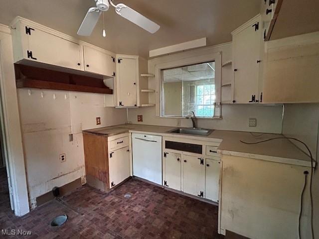 175 Curtis Dr, Avon Lake, OH 44012 - kitchen with white dishwasher, open shelves, a ceiling fan, and white cabinetry