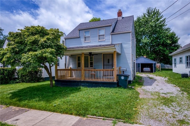 782 Ardella Ave, Akron, OH 44306 - view of front of home featuring a front lawn, an outbuilding, a chimney, roof with shingles, and a porch