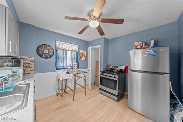 782 Ardella Ave, Akron, OH 44306 - kitchen with appliances with stainless steel finishes, light wood-style flooring, ceiling fan, tasteful backsplash, and light countertops