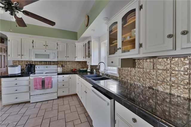 6414 Elk Rd, Canfield, OH 44406 - kitchen with white appliances, white cabinets, backsplash, and tile countertops