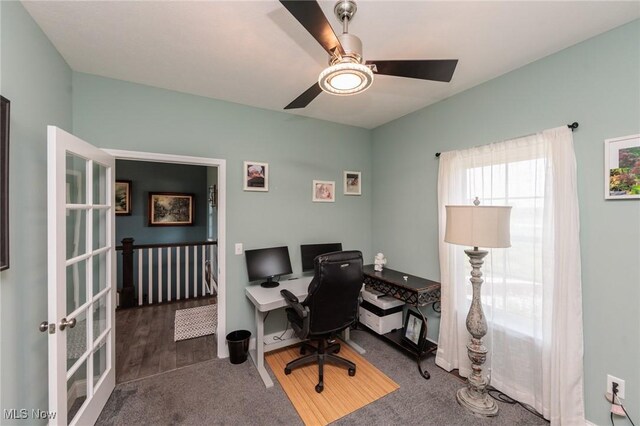 3508 Boos Rd, Huron, OH 44839 - office featuring ceiling fan, wood finished floors, french doors, and carpet flooring