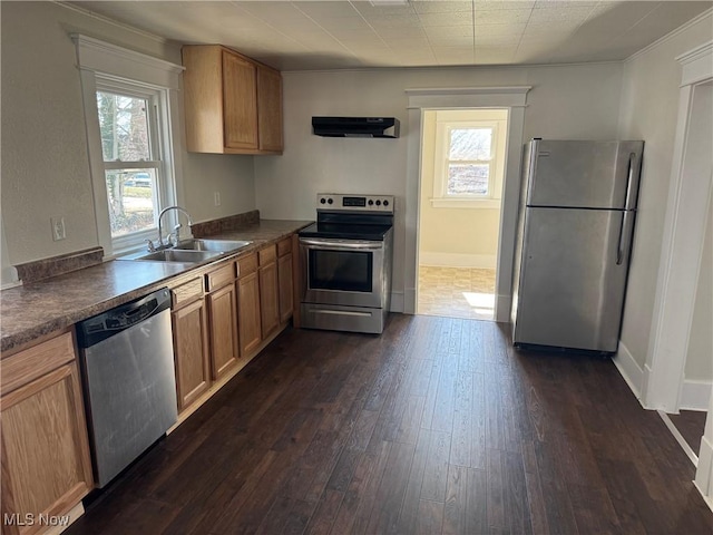 703 Locust St, Coshocton, OH 43812 - kitchen with appliances with stainless steel finishes, dark wood-style flooring, range hood, and dark countertops