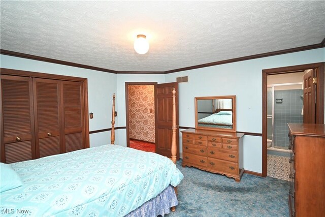 5735 Herbert Rd, Canfield, OH 44406 - bedroom with carpet floors, a closet, connected bathroom, and a textured ceiling