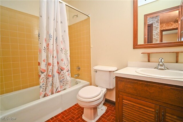 5735 Herbert Rd, Canfield, OH 44406 - bathroom with vanity, shower / tub combo, and brick patterned floors