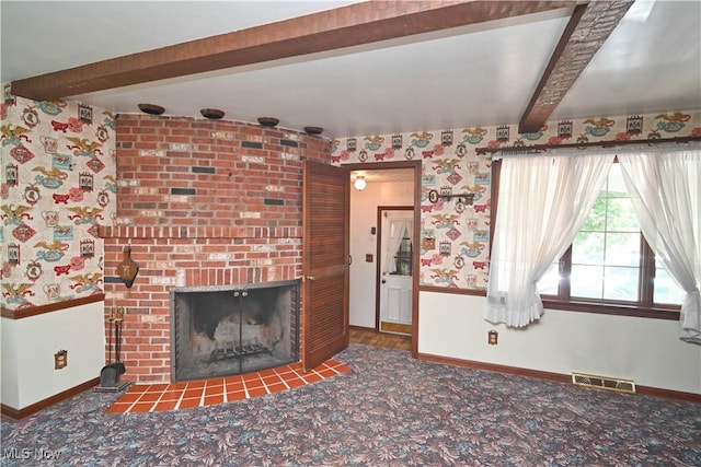 5735 Herbert Rd, Canfield, OH 44406 - living area featuring beamed ceiling, carpet floors, a fireplace, and wallpapered walls