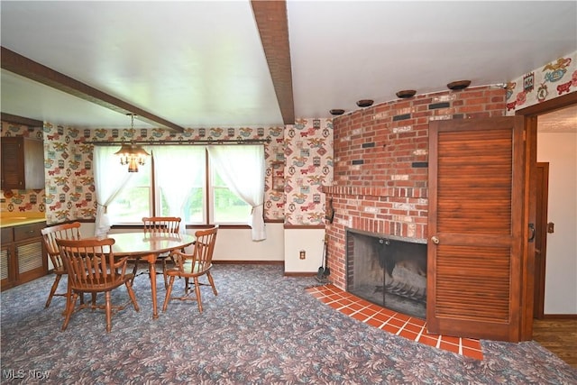 5735 Herbert Rd, Canfield, OH 44406 - carpeted dining room featuring beamed ceiling and a fireplace