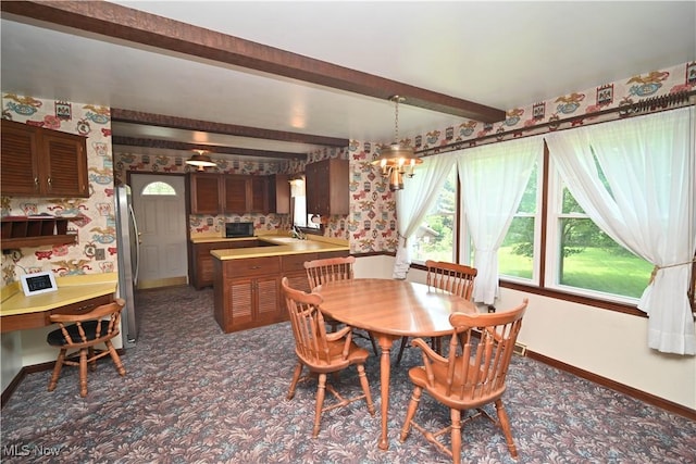 5735 Herbert Rd, Canfield, OH 44406 - carpeted dining area with beamed ceiling and wallpapered walls