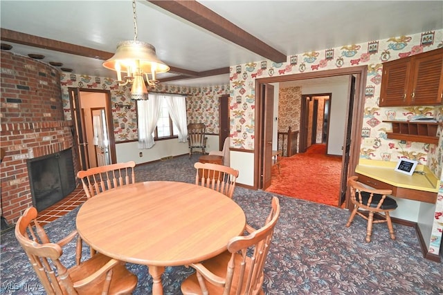 5735 Herbert Rd, Canfield, OH 44406 - carpeted dining area with wallpapered walls, beamed ceiling, and a brick fireplace