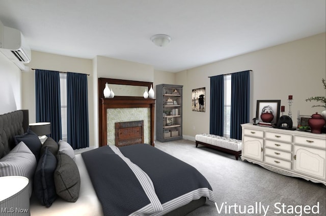 525 Riverside Ave, Wellsville, OH 43968 - bedroom with light carpet, a wall mounted air conditioner, and a fireplace