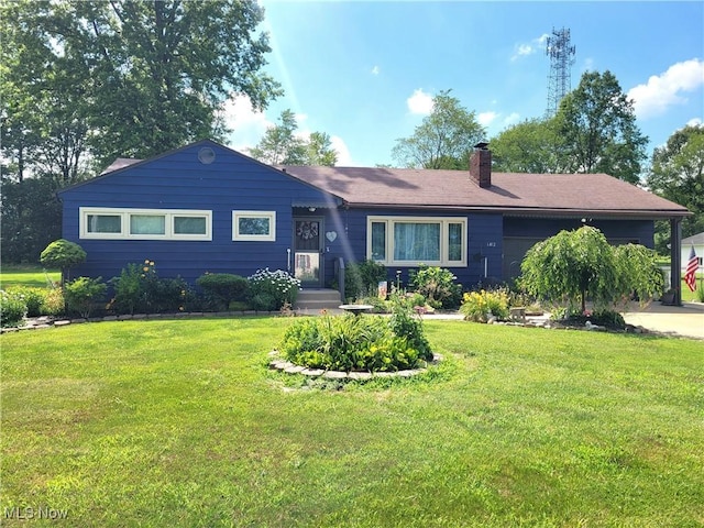 6412 Lieb Dr, New Franklin, OH 44216 - ranch-style house with a chimney, a front yard, and a garage