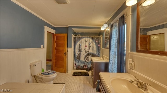 221 N 9th St, Cambridge, OH 43725 - bathroom with wainscoting, ornamental molding, vanity, and a shower with curtain