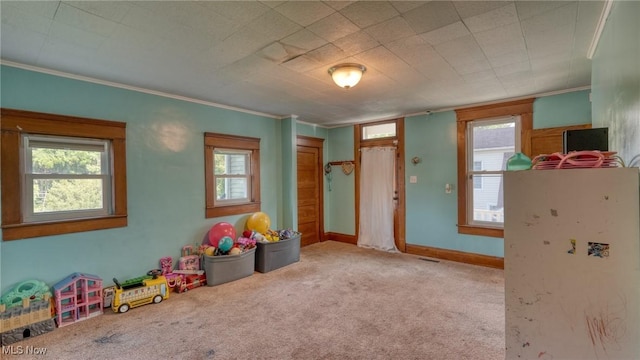 221 N 9th St, Cambridge, OH 43725 - recreation room featuring carpet flooring, ornamental molding, and plenty of natural light