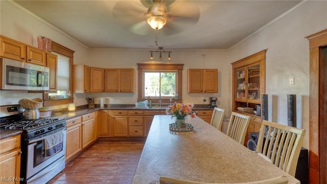 221 N 9th St, Cambridge, OH 43725 - kitchen featuring appliances with stainless steel finishes, ceiling fan, dark wood-style flooring, ornamental molding, and glass insert cabinets