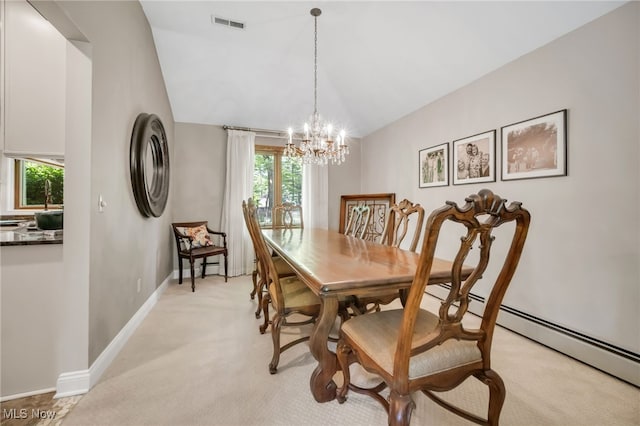 5108 Great Oaks Pkwy, Independence, OH 44131 - dining area with lofted ceiling, healthy amount of natural light, a chandelier, light carpet, and a baseboard radiator