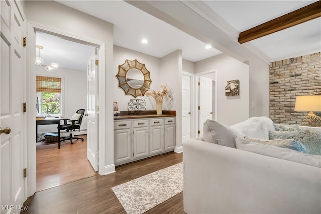 5108 Great Oaks Pkwy, Independence, OH 44131 - living area with dark wood-style floors, a desk, beam ceiling, recessed lighting, and a chandelier