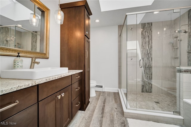 5108 Great Oaks Pkwy, Independence, OH 44131 - bathroom with vanity, wood finished floors, baseboard heating, a stall shower, and a skylight