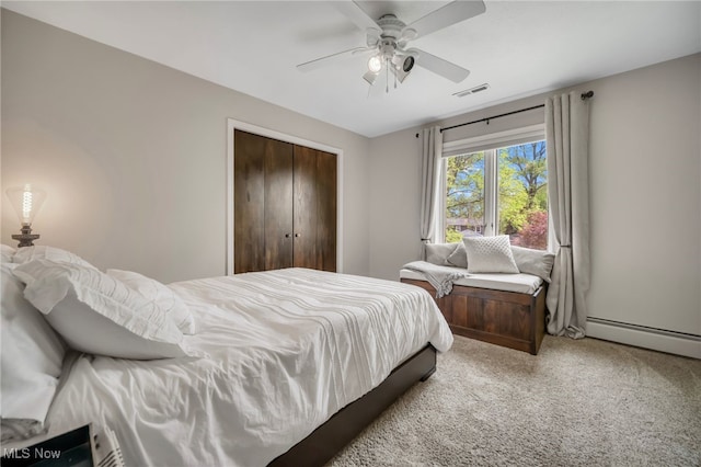 5108 Great Oaks Pkwy, Independence, OH 44131 - bedroom featuring carpet flooring, a baseboard heating unit, a ceiling fan, and a closet