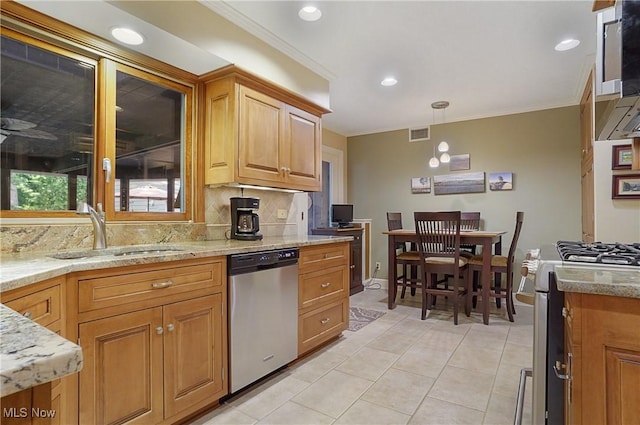 2925 Millboro Rd, Silver Lake, OH 44224 - kitchen with appliances with stainless steel finishes, ornamental molding, backsplash, recessed lighting, and light tile patterned flooring