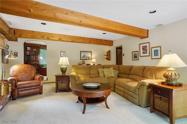 2925 Millboro Rd, Silver Lake, OH 44224 - living room featuring beam ceiling, light carpet, and recessed lighting