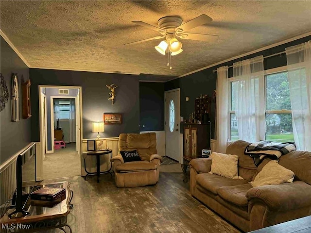 675 E 8th St, Salem, OH 44460 - living room featuring ceiling fan, a textured ceiling, ornamental molding, and wood finished floors