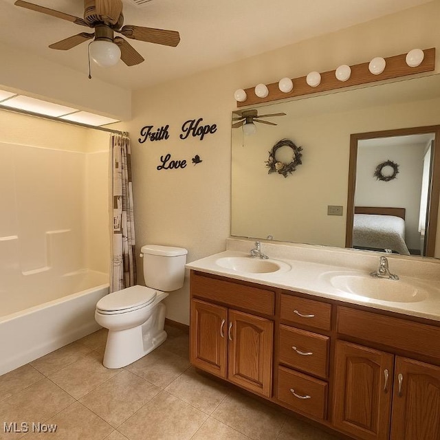 1321 Congo Arroyo Rd, New Cumberland, WV 26047 - bathroom featuring double vanity, tile patterned floors, shower / bath combination with curtain, and a ceiling fan