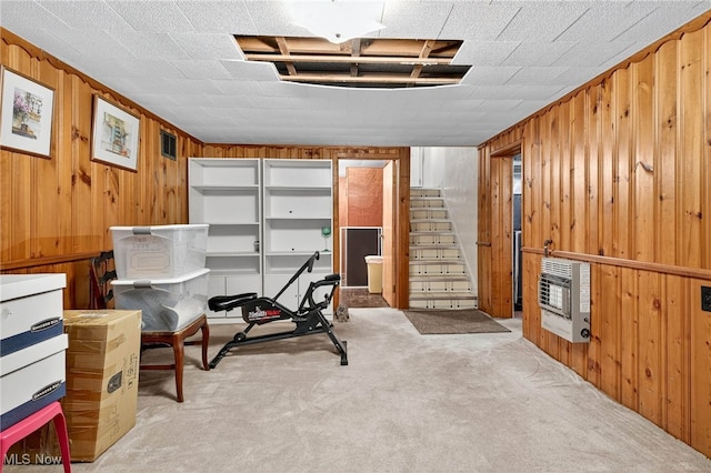 4095 W 161st St, Cleveland, OH 44135 - exercise room featuring wood walls, heating unit, and carpet flooring