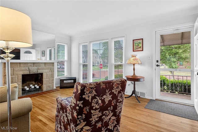 4095 W 161st St, Cleveland, OH 44135 - living area featuring plenty of natural light, light wood finished floors, and a stone fireplace