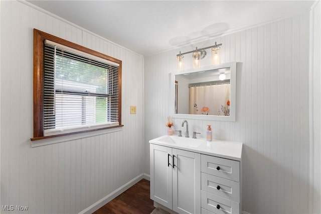 160 State St, Struthers, OH 44471 - full bath featuring vanity, crown molding, wood finished floors, and wooden walls