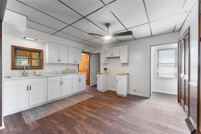 160 State St, Struthers, OH 44471 - kitchen featuring a ceiling fan, dark wood-style flooring, white cabinetry, a paneled ceiling, and light countertops