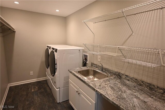755 Blueberry Hill Dr, Canfield, OH 44406 - washroom with independent washer and dryer, dark wood-style floors, recessed lighting, and cabinet space