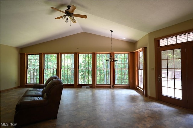 755 Blueberry Hill Dr, Canfield, OH 44406 - living area featuring ceiling fan and lofted ceiling