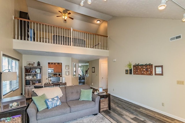 3886 Dugans Lndg, Perry, OH 44081 - living room featuring high vaulted ceiling, dark wood-style floors, track lighting, and a ceiling fan