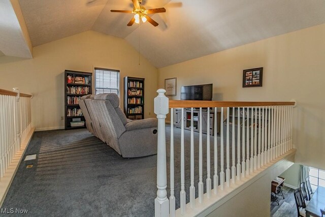 3886 Dugans Lndg, Perry, OH 44081 - carpeted living area with a ceiling fan and lofted ceiling